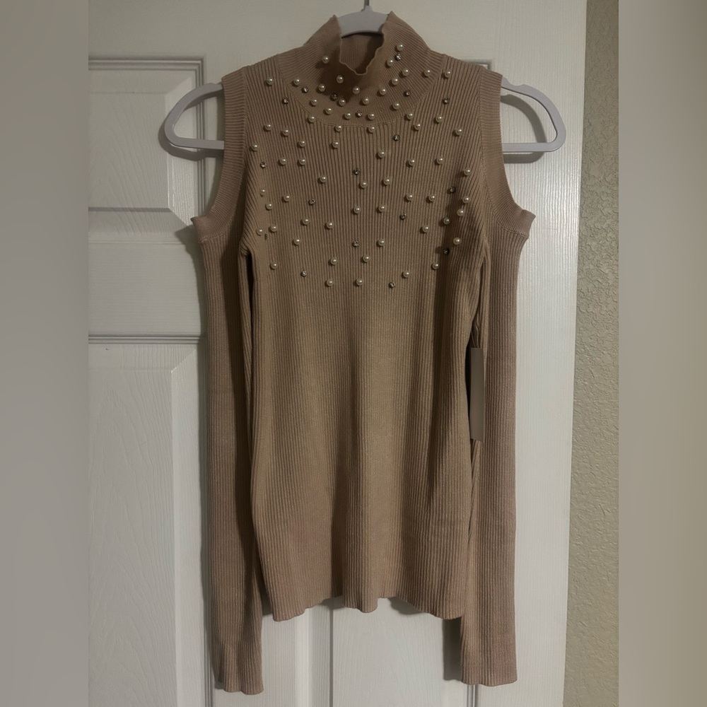 VENUS Beige Ribbed Embellished Cold Shoulder Top